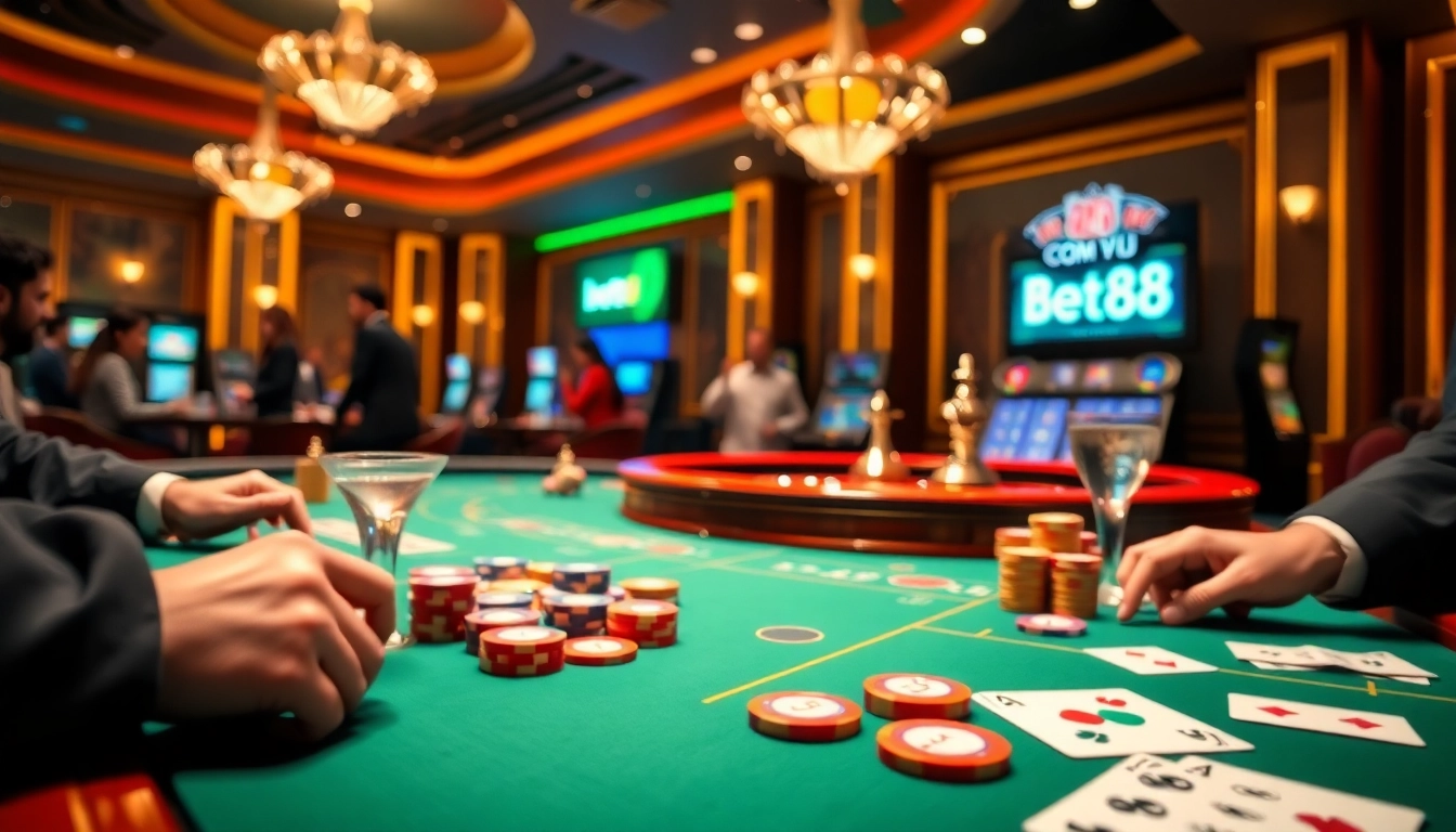 Experience thrilling gameplay at Bet88 com vn with a vibrant casino setting featuring poker tables and roulette wheels.