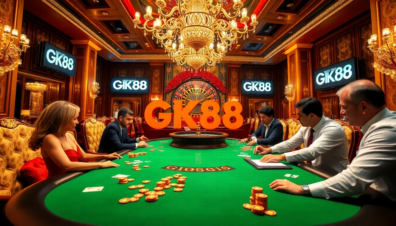 High-energy poker game at GK88 casino featuring colorful chips and cards on an elegant table.