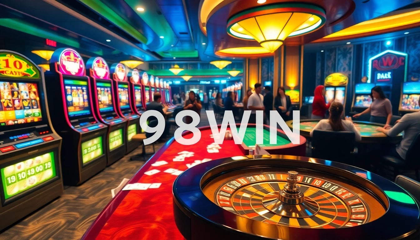 Players enjoying high-stakes games at 98WIN casino with vibrant slots and roulette.