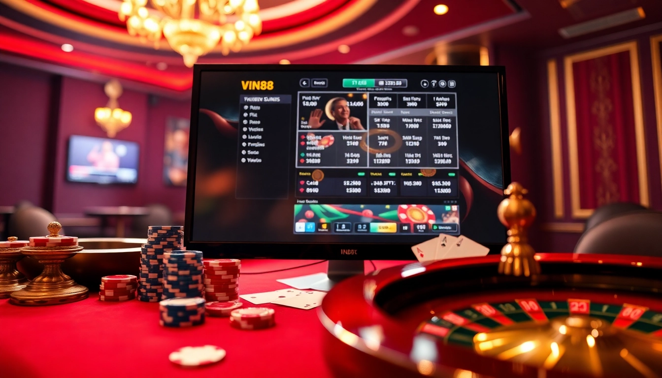 Experience the excitement of VIN88 with vibrant casino elements and engaging gambling scenery.