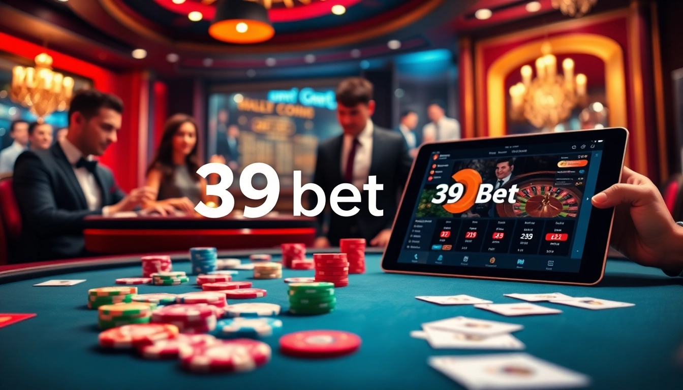 Experience thrilling gameplay with 39bet as players engage at a vibrant casino table filled with poker chips and cards.