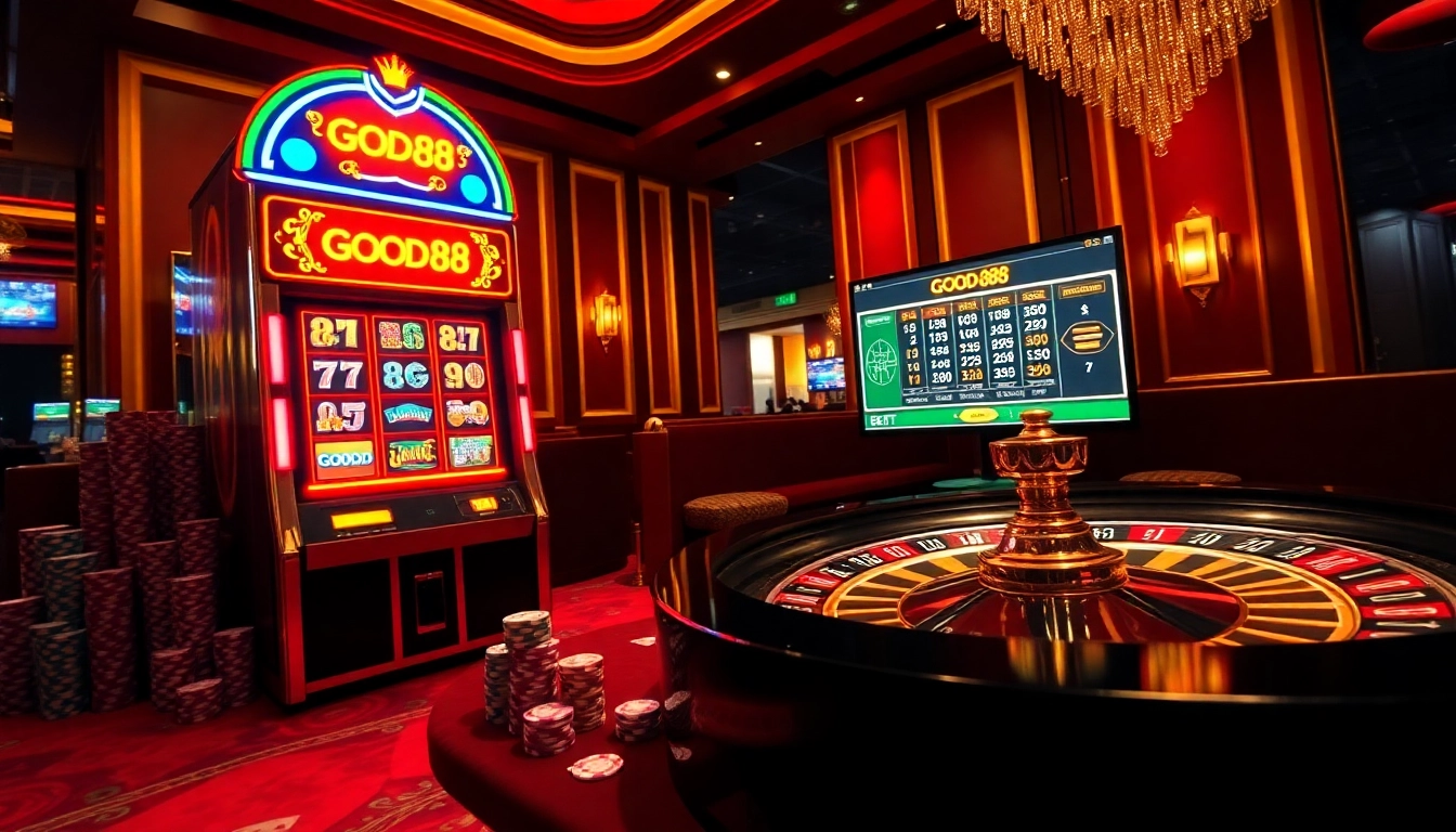 Exciting gaming atmosphere at Good88 casino with vibrant slot machines and poker chips.