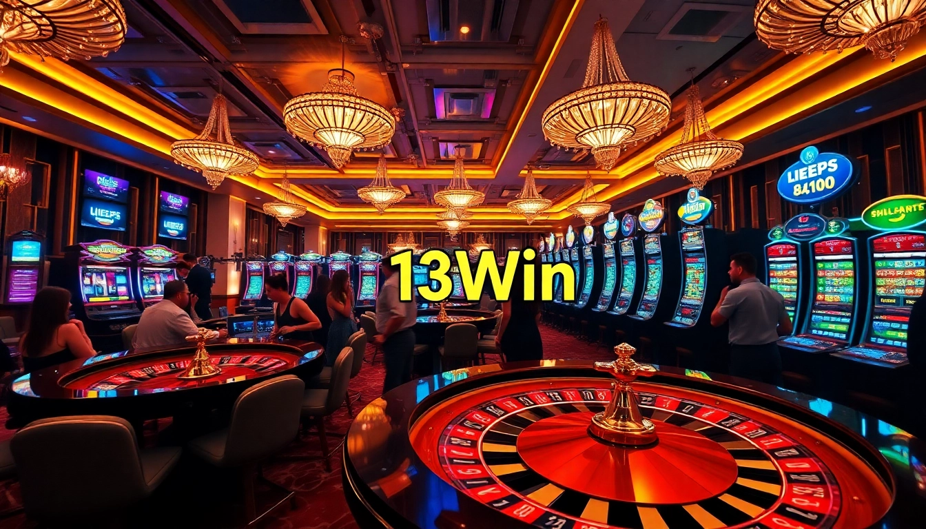 Engage with link 13Win in a vibrant casino atmosphere filled with roulette tables and slot machines.