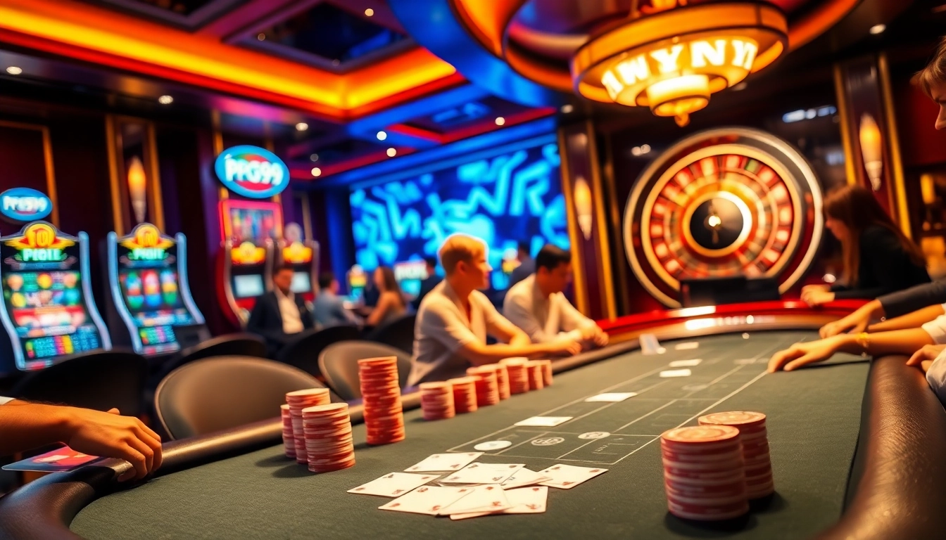 Joyful players at PG99 nhà cái uy tín enjoying poker in a luxurious casino setting.