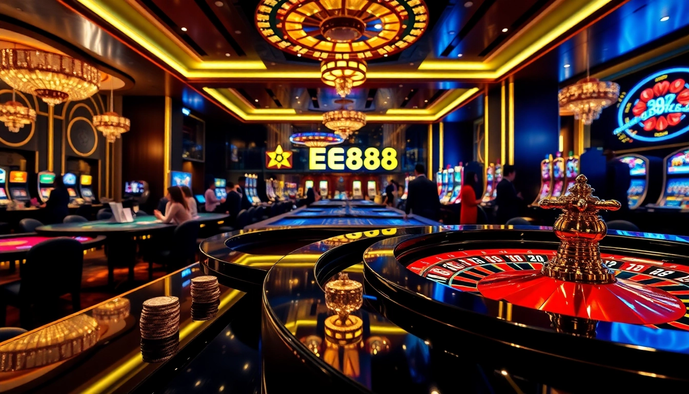Experience the excitement of EE888 with vibrant casino tables, roulette wheels, and engaging players.