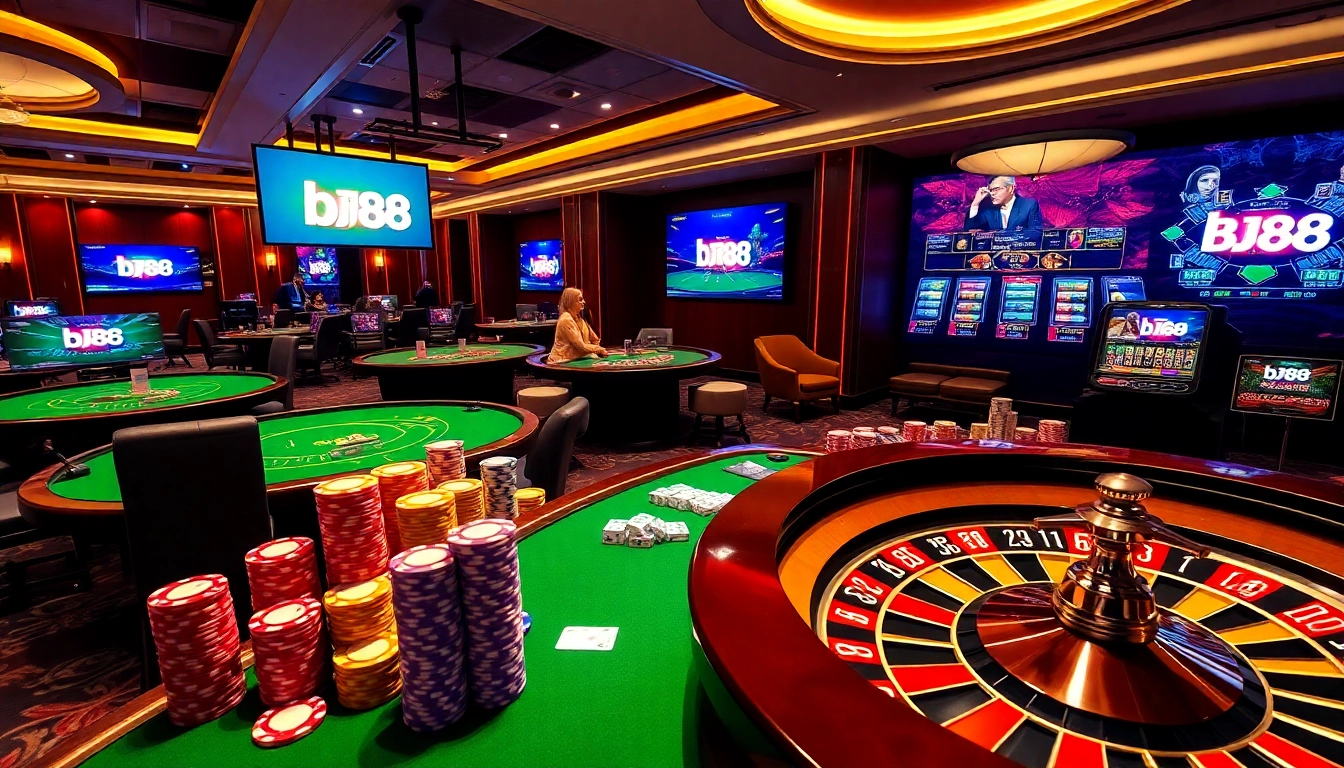 Experience the thrill of gambling at BJ88 with vibrant casino tables and engaging gameplay.