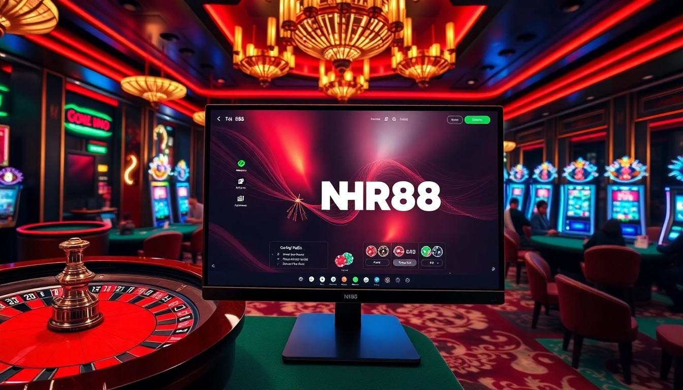 Experience the thrill of NH88 with exciting online gambling visuals featuring poker chips and slot machines.