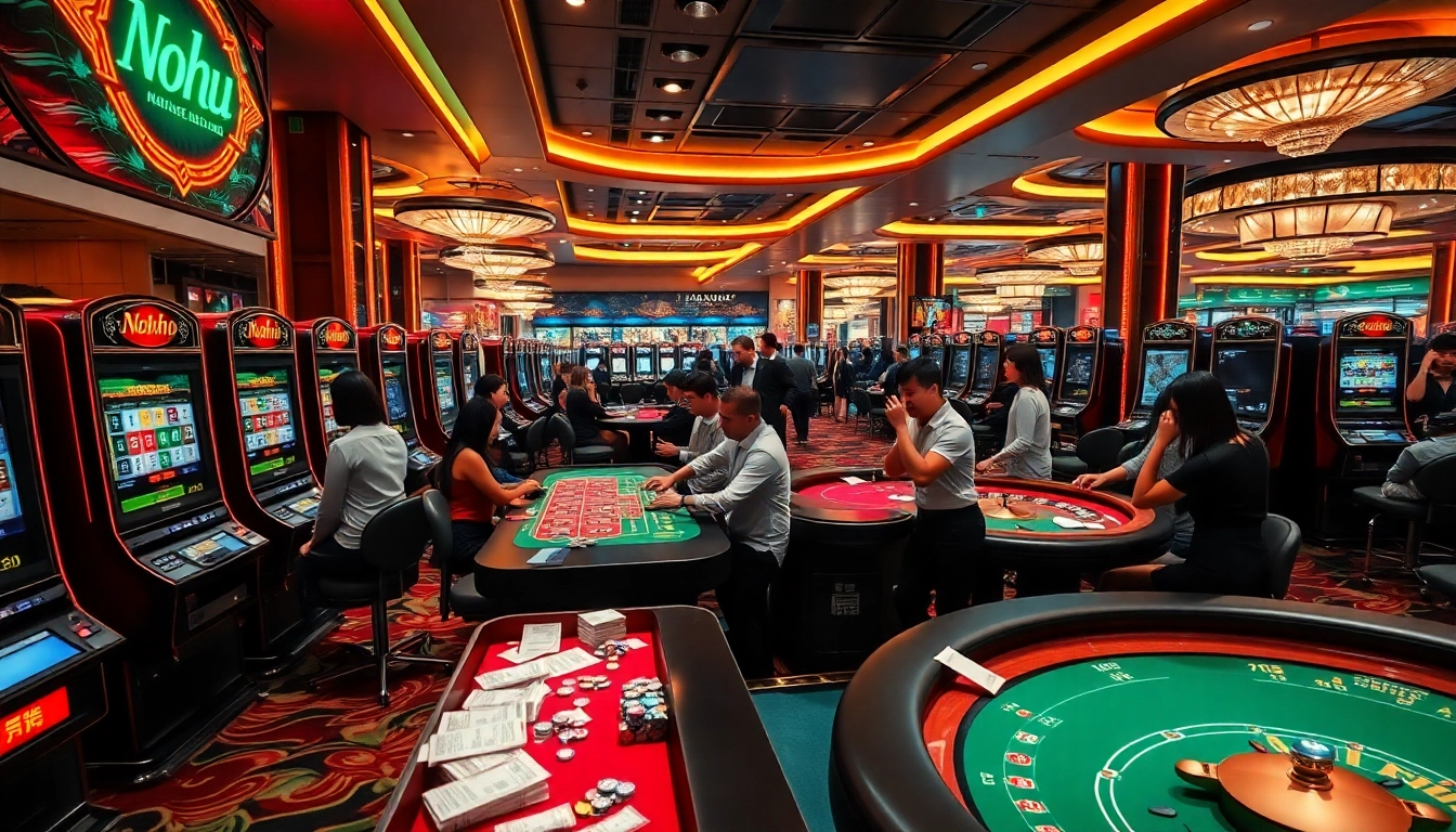 Nohu slot machines attracting enthusiastic players in a glamorous casino scene.