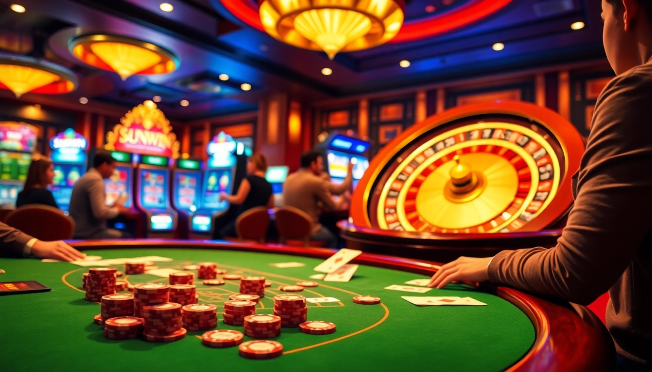 Experience the excitement at SUNWIN with vibrant casino action, showcasing poker games and roulette.