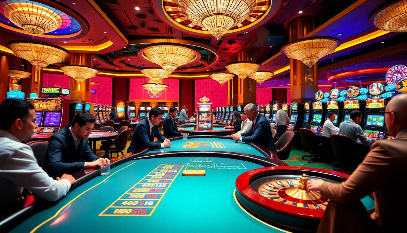rikvip players enjoying poker and roulette in a luxurious casino setting
