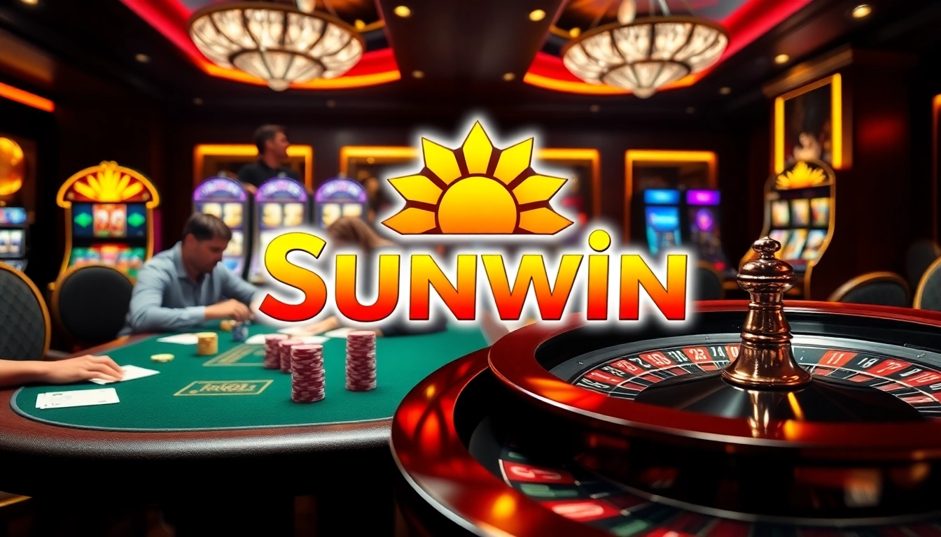 Play engaging casino games at Sunwin with poker tables and vibrant slot machines.