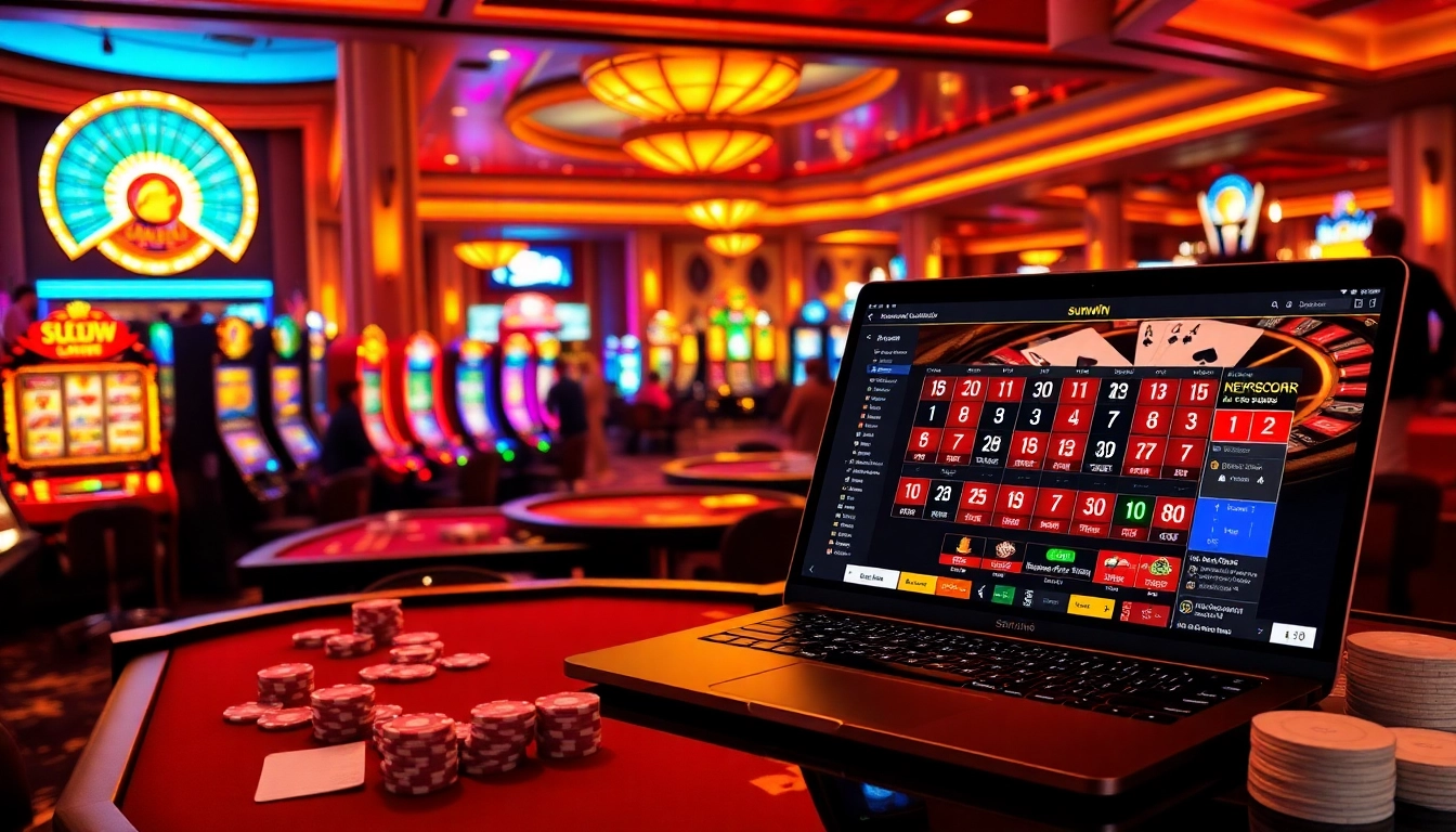 Players enjoying various games at Sunwin casino, showcasing vibrant tables and slot machines.