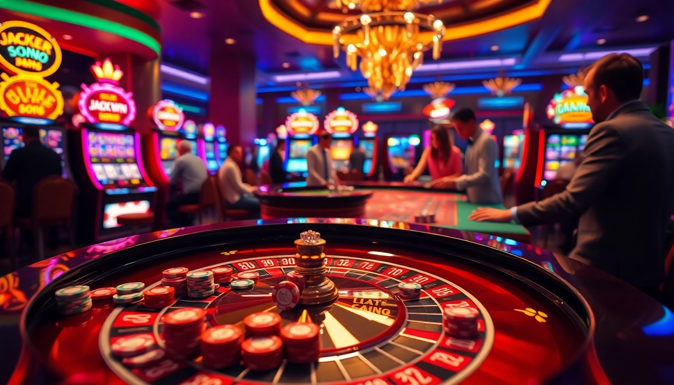 Luckywin casino players engaging with poker chips and roulette in an exciting atmosphere.