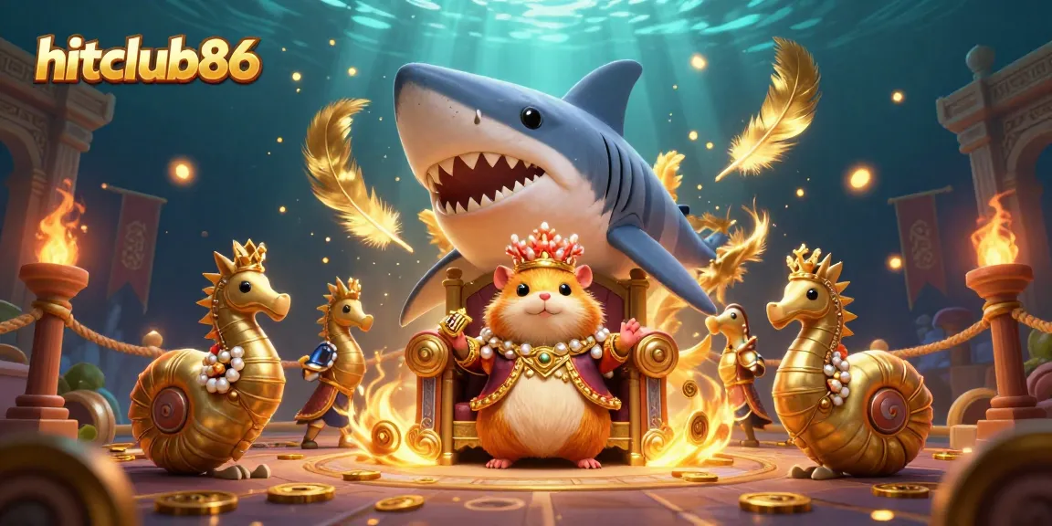 Experience the vibrant gaming world at hitclub86 with a unique megalodon throne and royal characters.