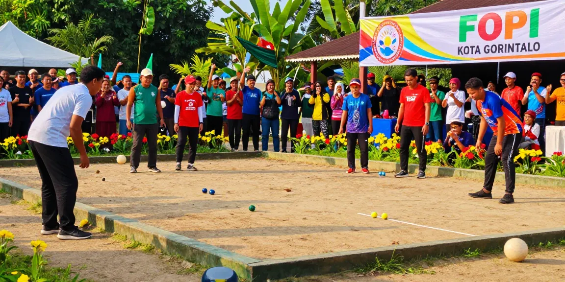 Diverse players enjoying a petanque game representing fopikotagorontal.org with a colorful banner celebrating the sport.