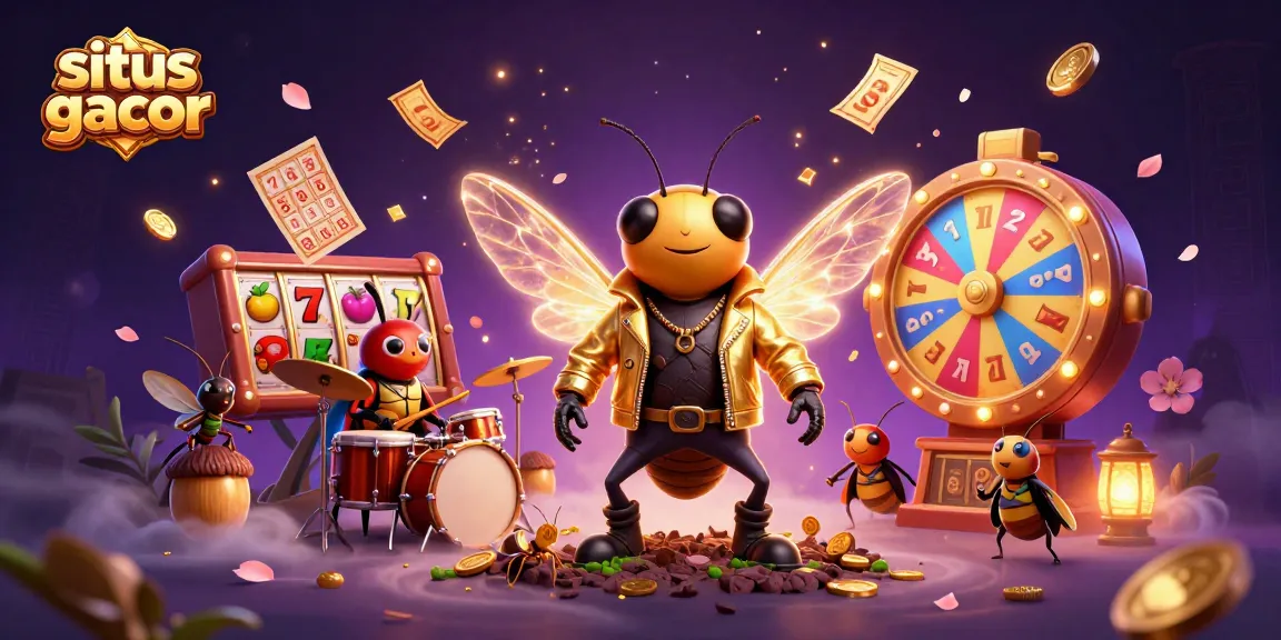Situs gacor features a 3D cartoon cicada rock star and friends performing in a dynamic casino scene with vibrant slot elements.