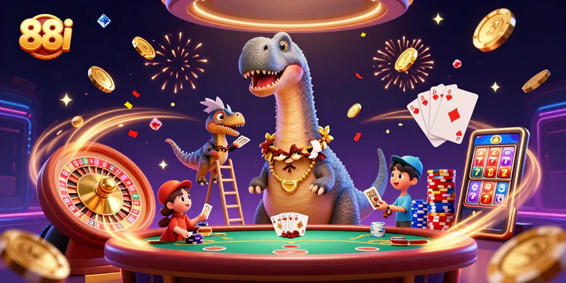 88i interactive casino scene featuring a brontosaurus and raptor amid cascading gems and poker elements