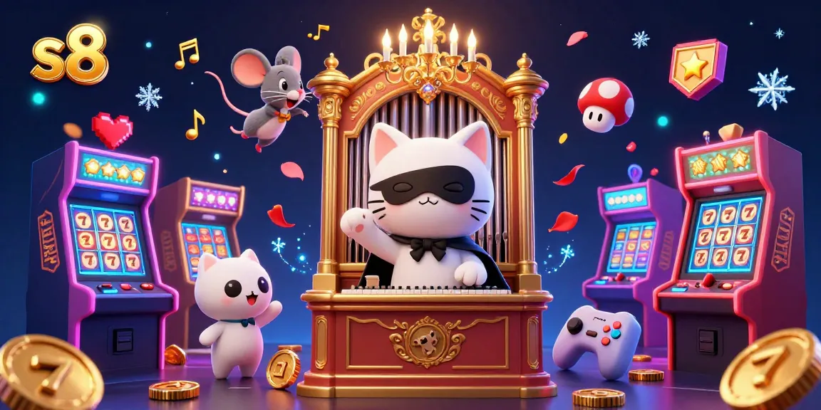 S8 slots come alive with a captivating 3D casino scene featuring a masked cat and mouse acrobat, surrounded by jackpot action.