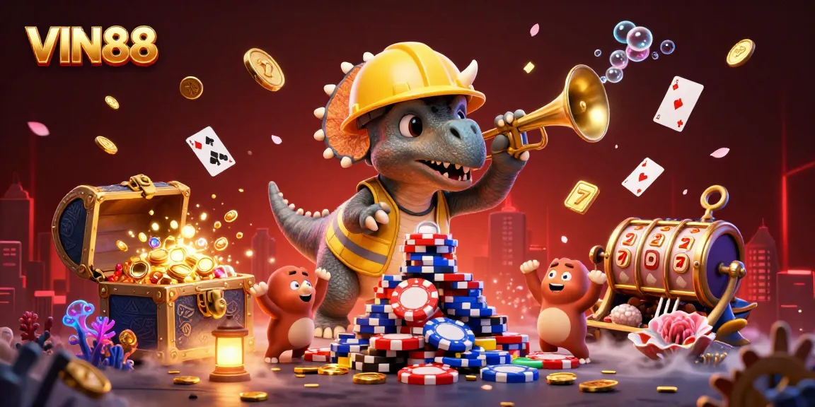 VIN88 celebrates a casino atmosphere with cheerful characters and vibrant elements in a dynamic scene.