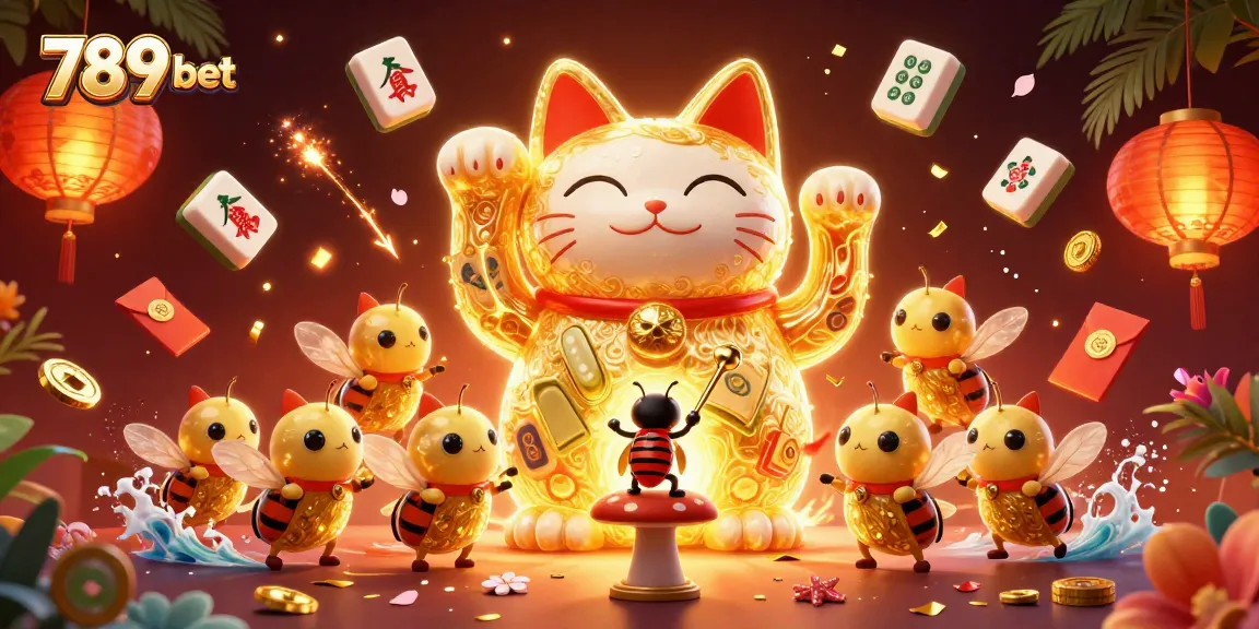 Engage with 789 bet as golden fireflies create a lucky cat amidst vibrant casino symbols and festive elements.
