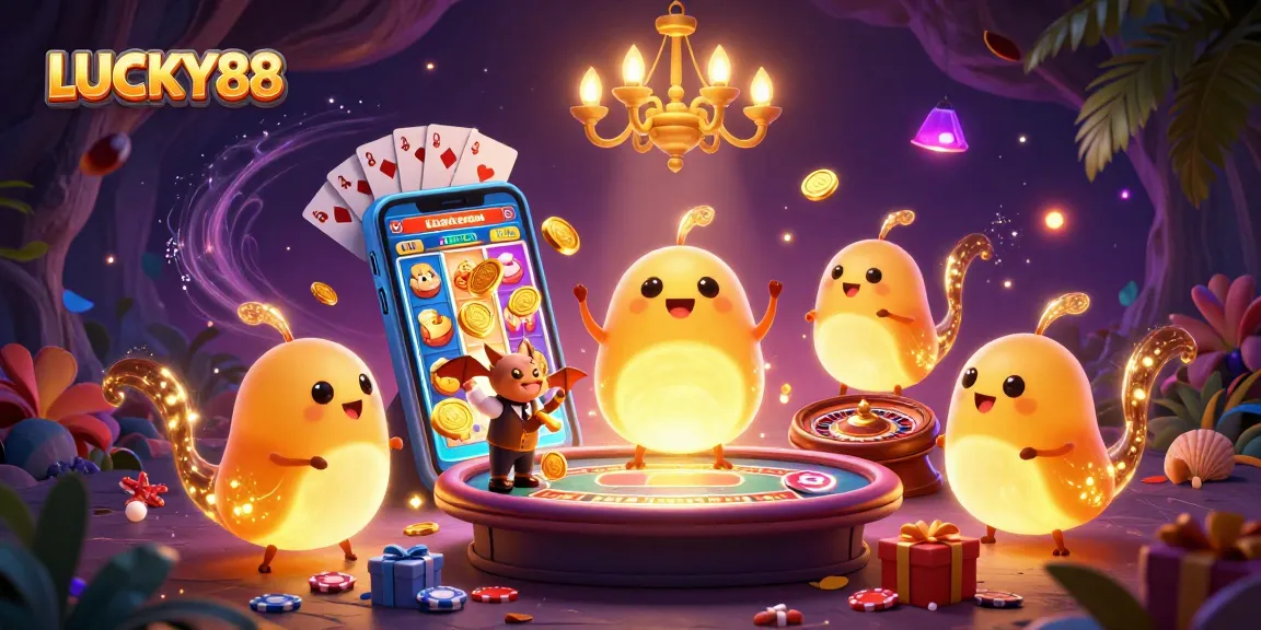 Experience the excitement of LUCKY88 with glowworms illuminating a cave casino in vibrant 3D