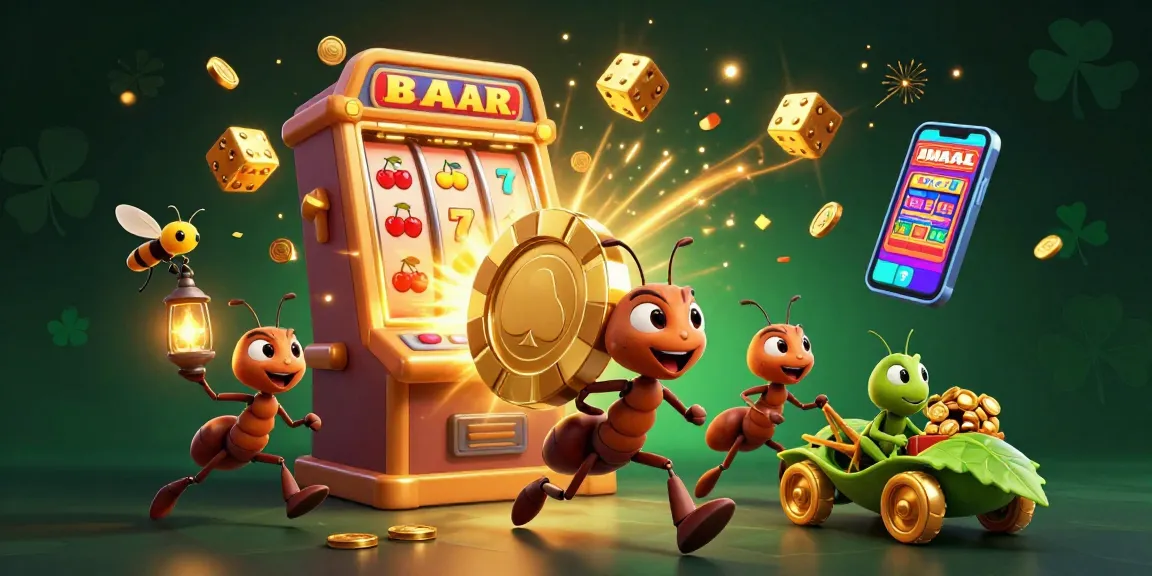 Tg88 ants carrying a giant poker chip amidst a casino jackpot explosion in an exciting dynamic scene.