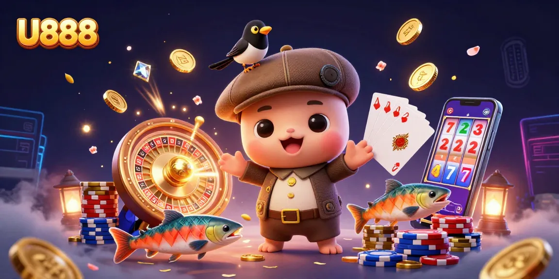 Join the fun at U888 with playful characters amidst a packed casino scene filled with gold and excitement.