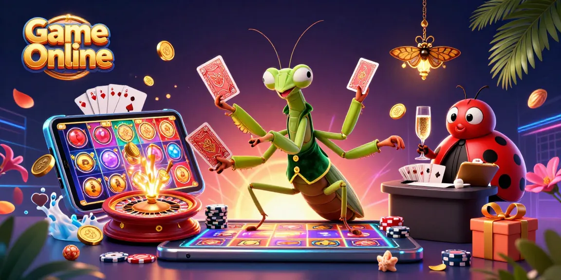 Engage with Game Online as a 3D mantis dealer shuffles cards and pours champagne among vibrant casino elements.